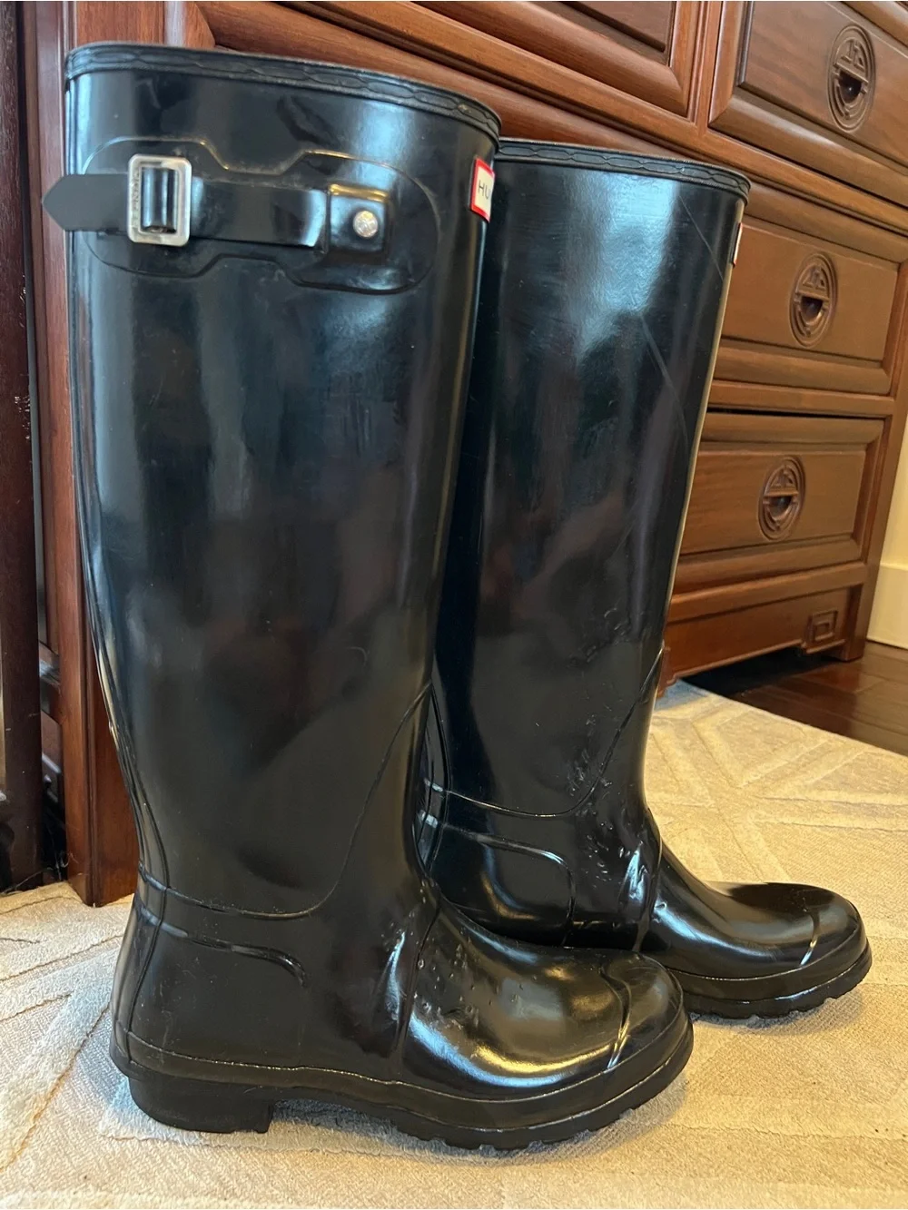 Hunter Glossy Black Tall Rain Boots with Buckle